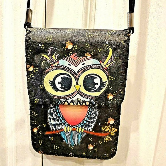 CUTE! Hand Painted Designer OWL Crossbody Cell Purse - Picture 2 of 3